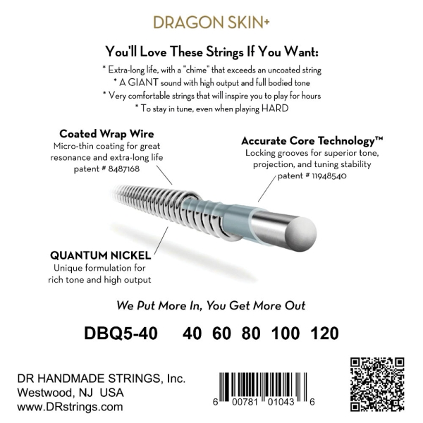 DR Strings DBQ5-40 Dragon Skin+ Quantum Nickel Coated, 40-120