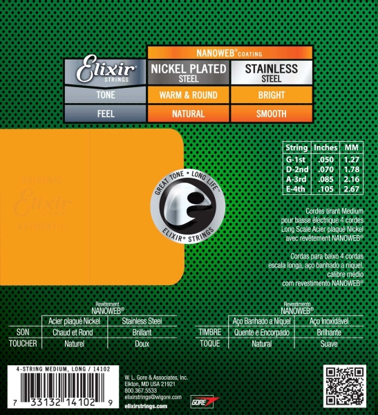 Elixir 14102 Nanoweb E-Bass Strings, 50-105