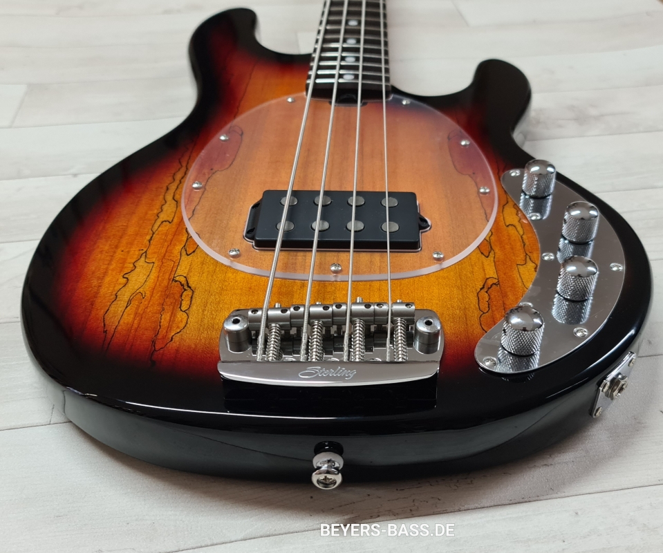 Sterling by Music Man StingRay Ray34 H Spalted Maple, 3-Tone Sunburst