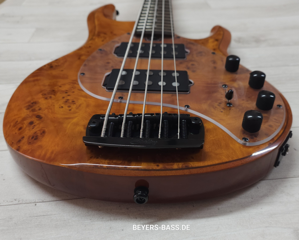 Sterling by Music Man StingRay Ray35 HH Poplar Burl, Amber