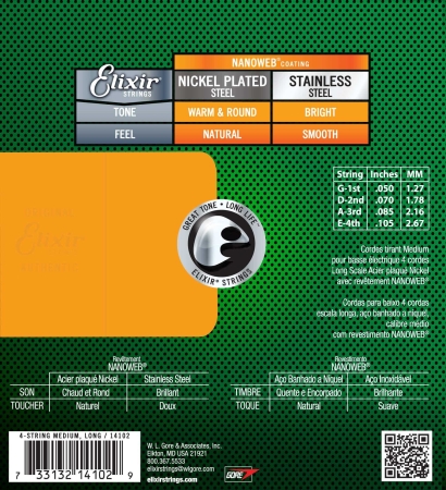 Elixir 14102 Nanoweb E-Bass Strings, 50-105